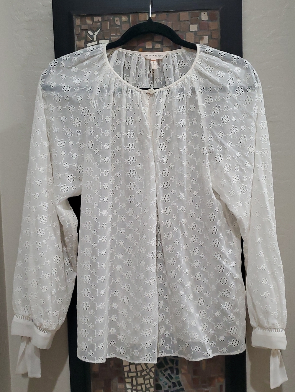 Rebecca Taylor White Silk Eyelet Tie-Sleeve Blouse